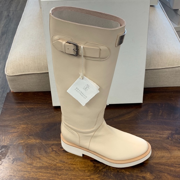 Brunello Cucinelli Shoes - Brunello Cucinelli Cream Leather Knee High Boots